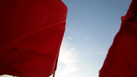 Crowd waving red flags against blue sky. Vídeo Stock 103701323