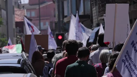Crowd waving signs and flags on a parade manifestation, peacefull protest Stock-Footage 334166185