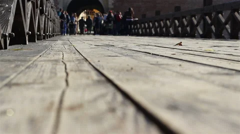 Crowd on Wood Bridge Stock Footage 31988613