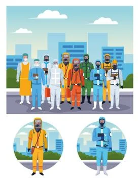 Crowd of workers using protection virus suits on the city Illustrazione stock