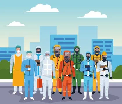 Crowd of workers using protection virus suits on the city Illustrazione stock