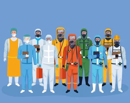 Crowd of workers using protection virus suits characters Illustrazione stock