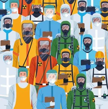 Crowd of workers using protection virus suits characters Illustrazione stock