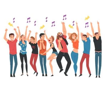 Crowd of Young People Dancing and Singing Along with Performers at Concert Stock Illustration