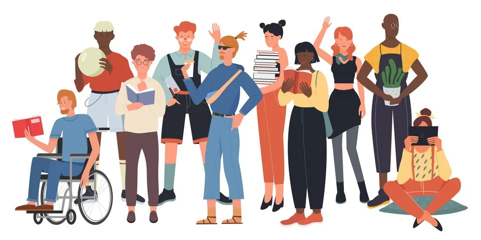 Crowd of young people, mixed community with happy girl boy friends standing Stock Illustration