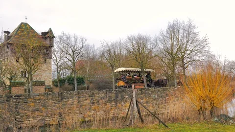 Crowded and decorated carriage pulled by two percheron horses Stock Footage 124474545