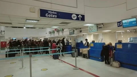Crowded Area Queue Line To Check-In Counters In Heraklion Airport Crete Greece Stock Footage 186611214