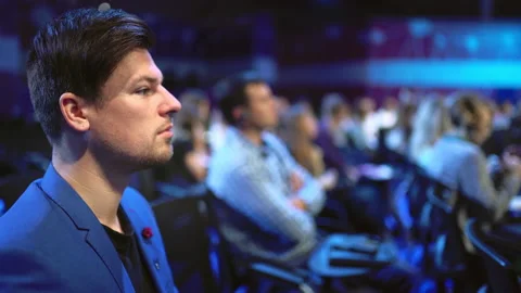 Crowded audience forum listen speaker. Auditorium viewer. Group business people. Stock Footage 139313749