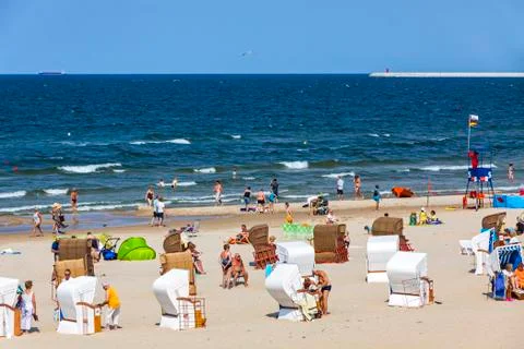 Crowded Baltic sea beach on Usedom island in Swinoujscie, Poland Stock Photos