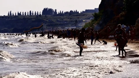 Crowded beach,  Crowd, a popular resort, A lot of people on the beach, Stock Footage 78526286