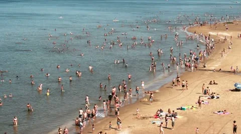 Crowded Beach in Summer Stock Footage 11874016