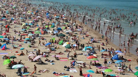 Crowded Beach in Summer Stock Footage 35769892