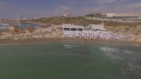 Crowded beach in Tel Aviv, drone footage 1080p 50p Stock Footage