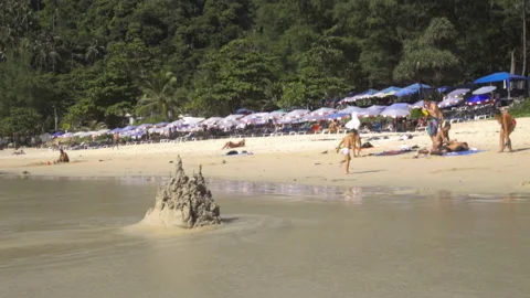 Crowded beach with tourists Stock Footage 194270979