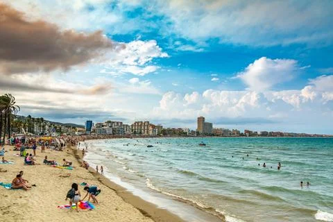Crowded Beach Under Wildfire Smoke Stock Photos