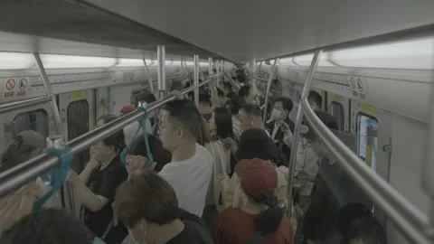Crowded Beijing Subway Train Car Filled with Commuters 스톡 동영상 341456567
