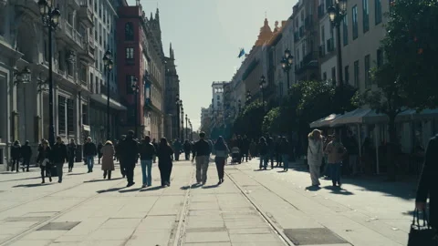 Crowded Boulevard With Tram Lines And Historic Buildings In Seville Stock Footage 333684776
