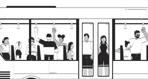 Crowded bus with diverse faceless passengers doodle lineart illustration Illustration