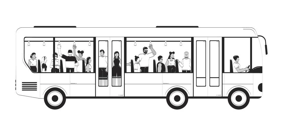Crowded bus with passengers and driver doodle lineart illustration Stock Illustration