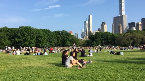 Crowded Central Park Sheep Meadow MANHATTAN public park. People sit, picnic, Stock Footage 121824659