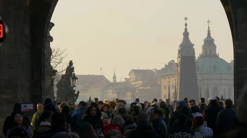 Crowded Charles Bridge 4K Stock Footage 74786381