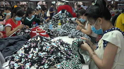 Crowded factory floor, female employees at work, clothing manufacturing Vietnam Stock Footage