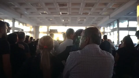 Crowded ferry, ship harbor on Turkey. A lot of people waiting for ship Stock Footage 116510082