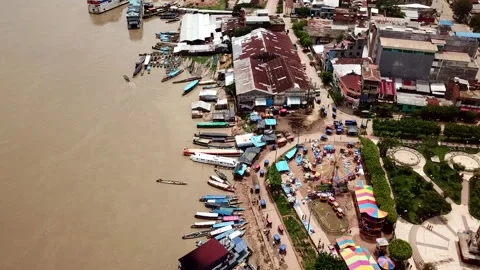 Crowded Iquitos Amazon Riverside cityscape in Loreto, Peru - Aerial Stock Footage 154098101