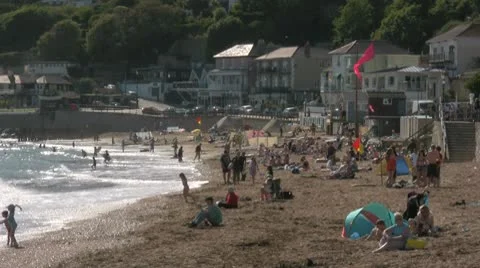 Crowded Isle of Wight beach, UK Stock Footage 8984766