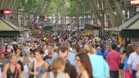 Crowded Les Rambles Boulevard in Downtown Barcelona Blurred Stock Footage 80556149