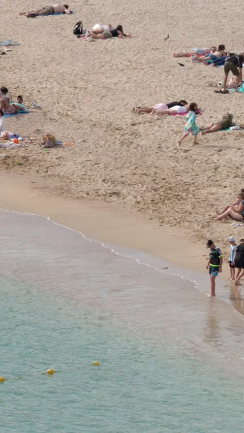 Crowded Mediterranean Beach with Tourists Sunbathing and Walking Near Shoreline Stock Footage 341069093
