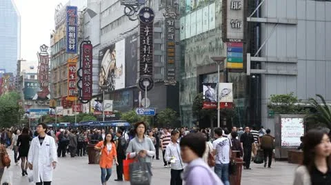 Crowded Nanjing Road in Shanghai, China, Henan, Pedestrian Shopping Street, Day Stock Footage