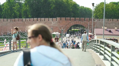 The crowded pedestrian bridge over the river Stock Footage 66454600