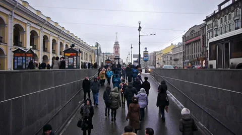 Crowded pedestrian underpass exit near subway station Stock Footage 34738057