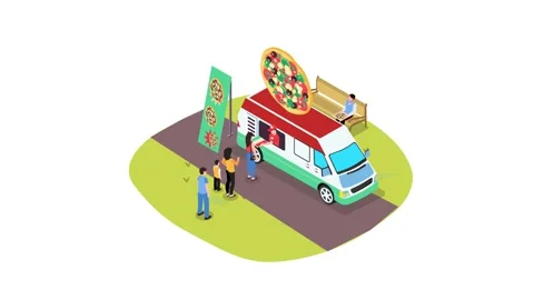 Crowded people queuing to buy pizza in food truck Stock Footage 172130626