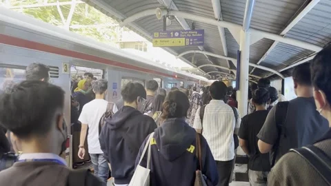 Crowded Platform with Commuters Boarding a Passenger Train Stock Footage 335842407