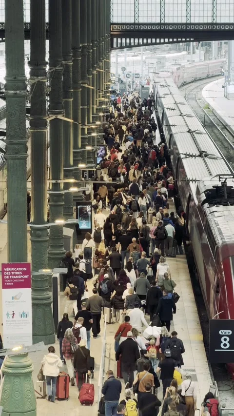 Crowded Platform at Paris Gare du Nord Station Vertical Stock Footage 348011731