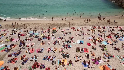 Crowded Playa del Matadero beach at A Coruna in the Galicia region of Spain Stock Footage 73545388