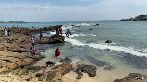 Crowded sand rocks beach Stock Footage 164871387