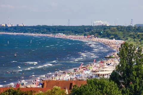 Crowded sandy beach in Sopot. Stock Photos