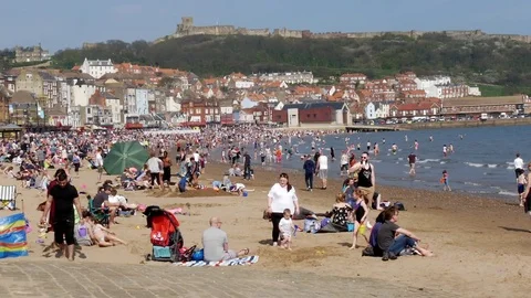 Crowded Scarborough beach Stock Footage 74450258