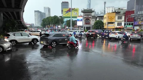 Crowded scene at rush hour, crowd of people wear raincoat on motorbike, mot.. Stock Footage 284902179