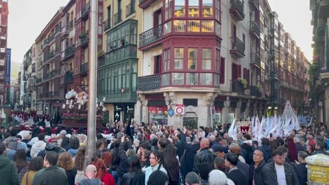Crowded Semana Santa Procession in Bilbao Old Town Stock Footage 332154155