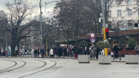 Crowded Sofia City Center Streets Winter Pedestrians And Tram Arriving Stock Footage 323914809