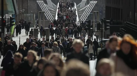 Crowded Street Scene Pedestrians Millenium Bridge Stock Footage