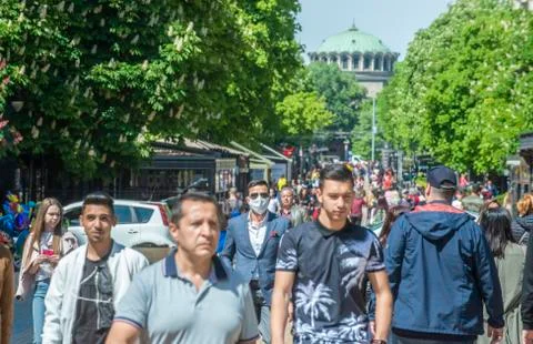 Crowded street in Sofia after the lockdown Stock Photos