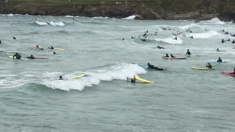 Crowded surf lineup with multiple surfers riding and paddling in rolling waves Видео 335258476