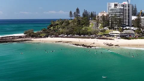 Crowded Surf Lineup At Snapper Rocks, Coolangatta Aerial Video stock 347061214