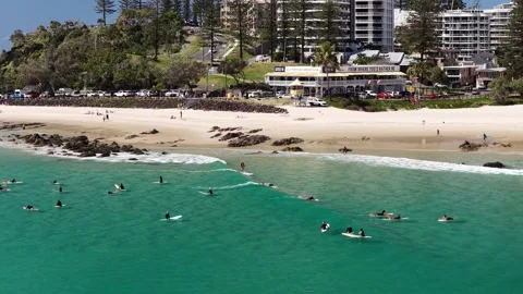 Crowded Surf Lineup At Snapper Rocks, Gold Coast Aerial Video stock 347066040