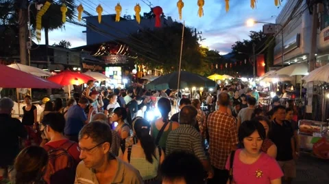 Crowded thai market at dusk Stock Footage 43630331